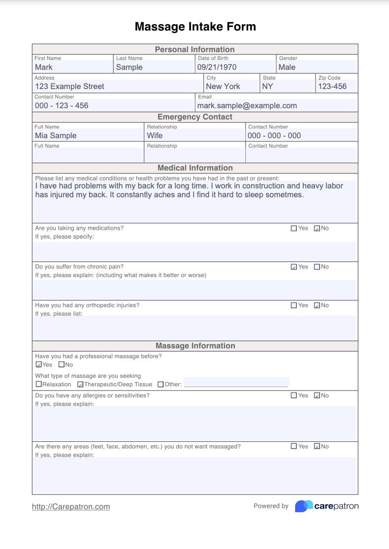 Massage Intake Form Example (Sample)