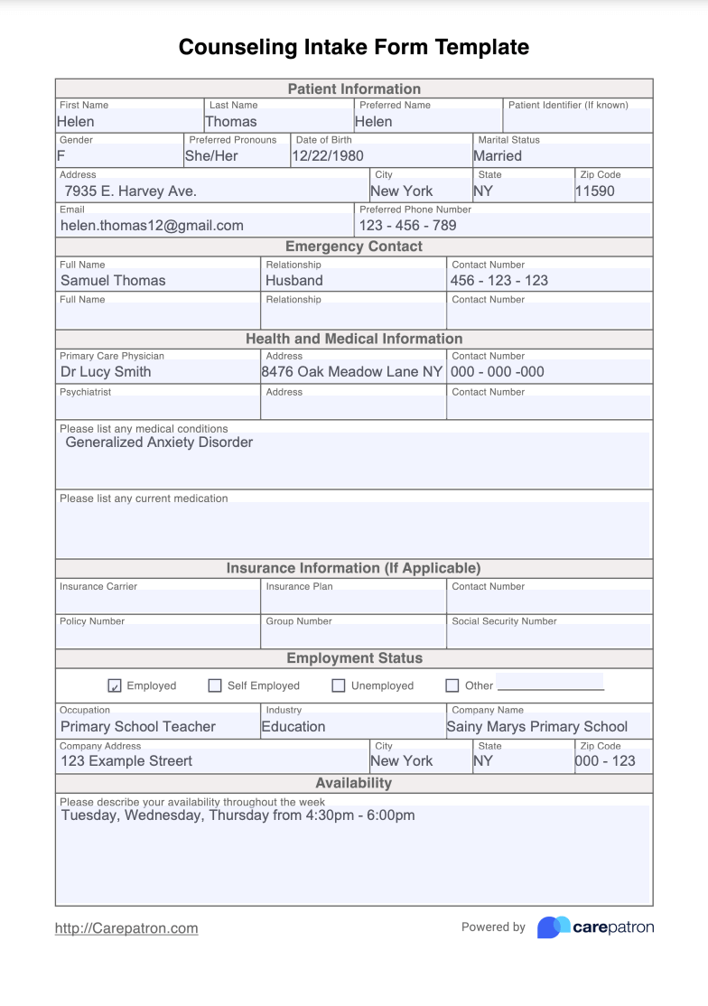 Counseling Intake Form Example (Sample)