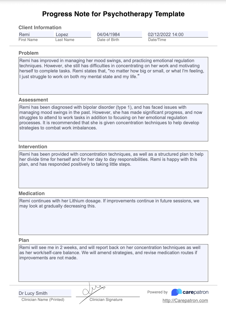 Psychotherapy Progress Notes Example