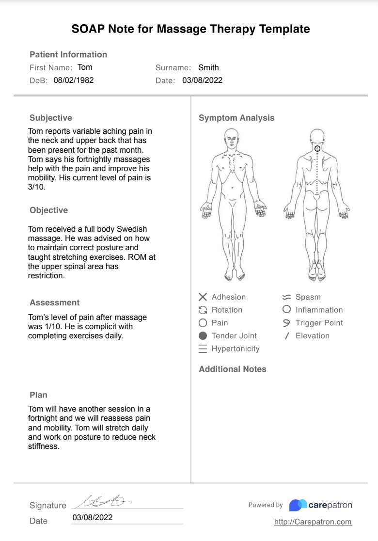 Massage Therapy SOAP Note Example