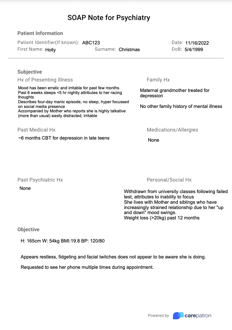 Psychiatry SOAP Note Example (Sample)