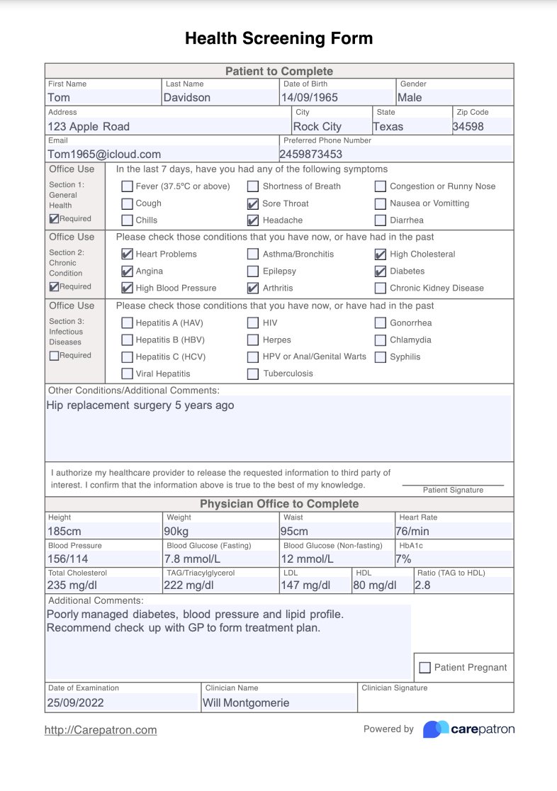 Health Screening Form Example