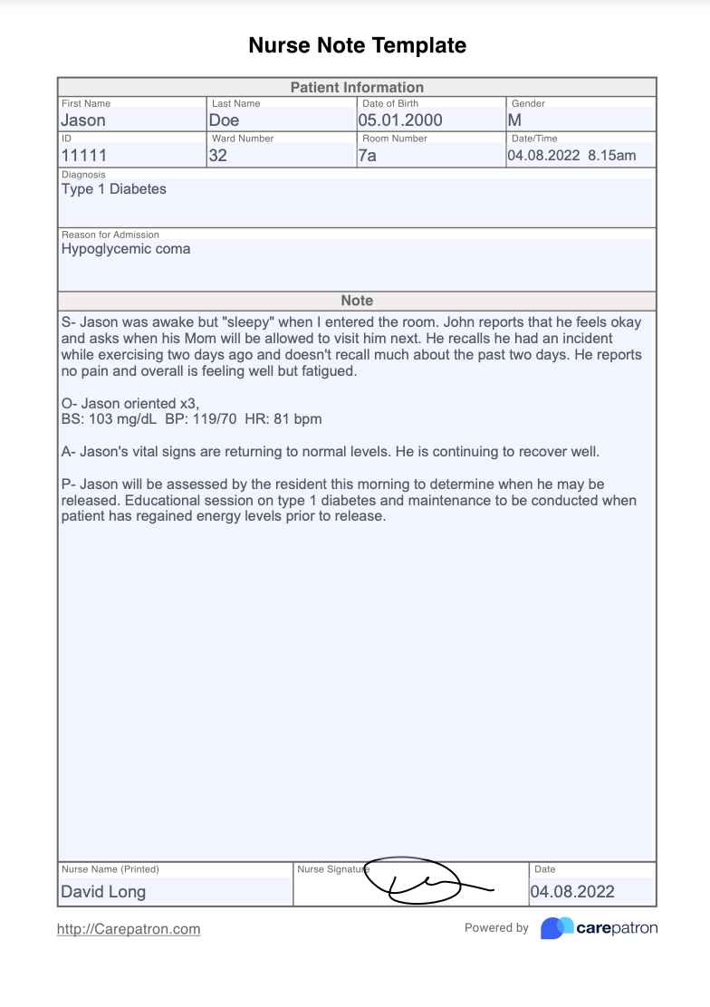 Nurse Note Example (Sample)