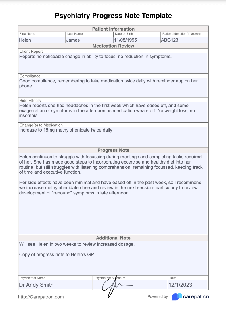 Psychiatry Progress Notes Example