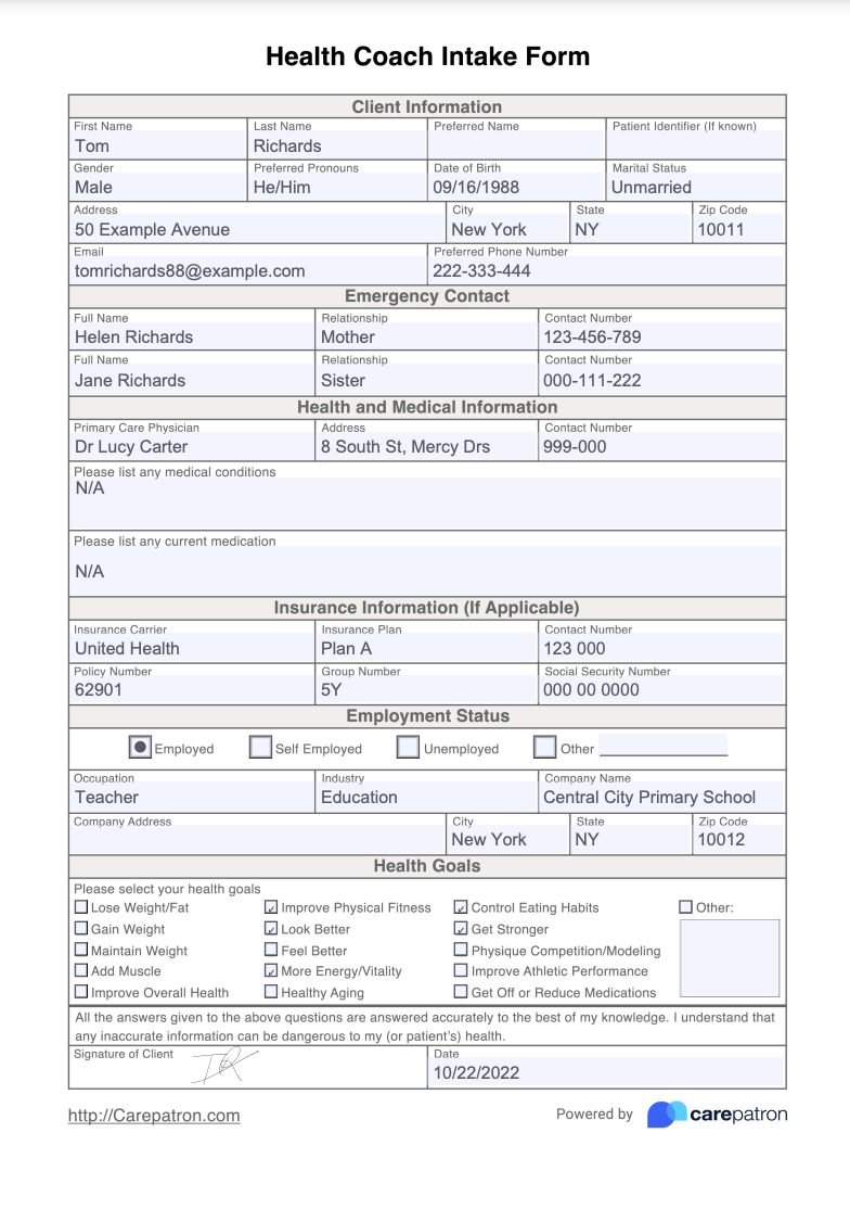Health Coach Intake Form Example