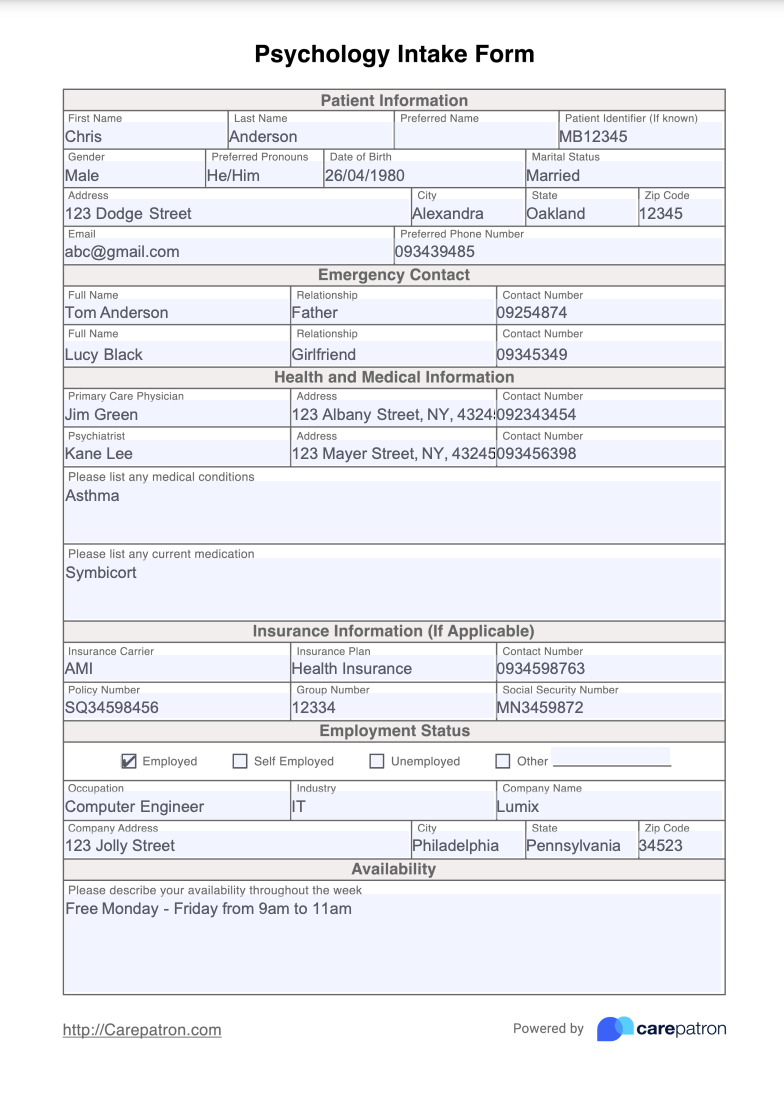 Psychology Intake Form Example (Sample)