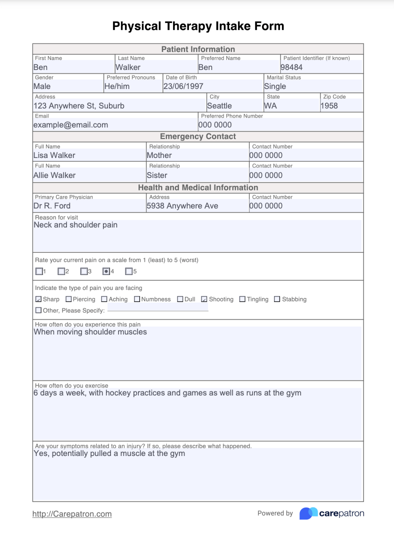 Physical Therapy Intake Form Example (Sample)
