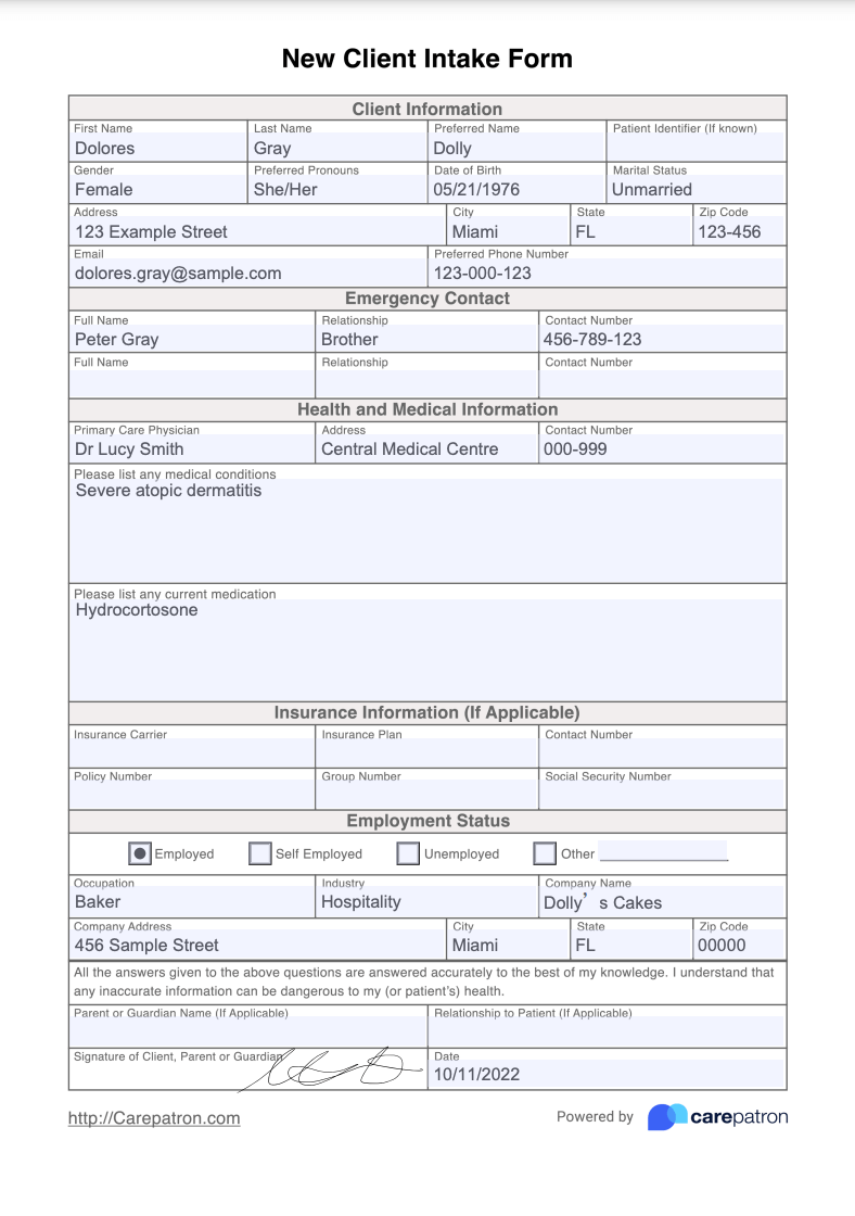 New Client Intake Form Example (Sample)