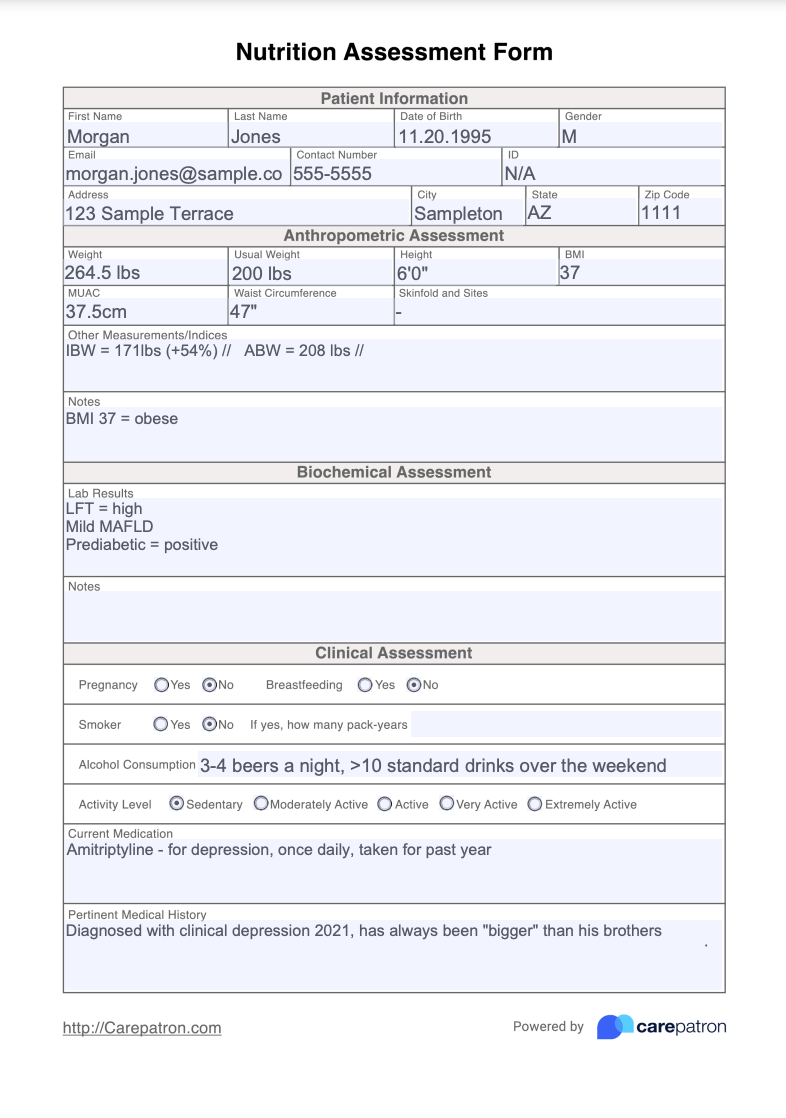 Nutrition Assessment Form Example (Sample)