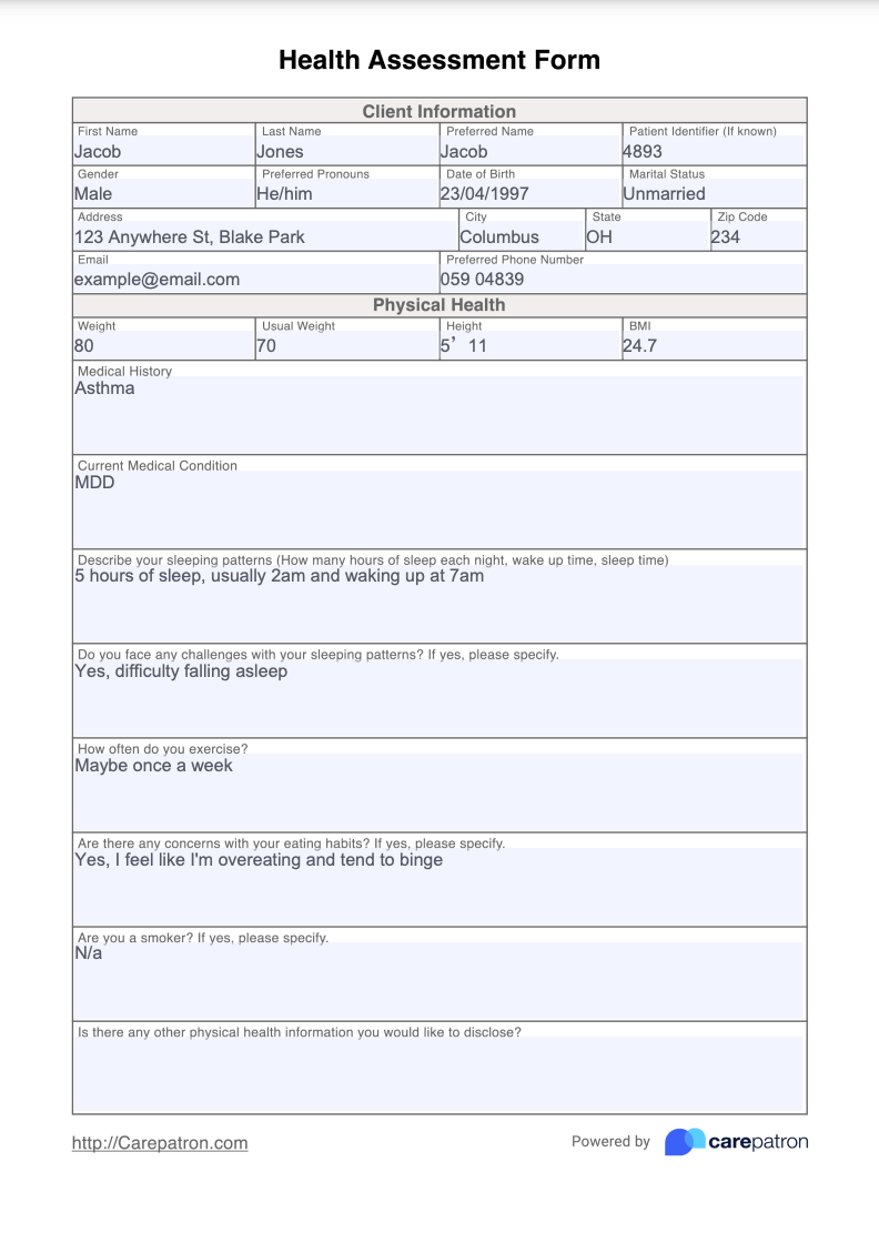 Health Assessment Form Example (Sample)