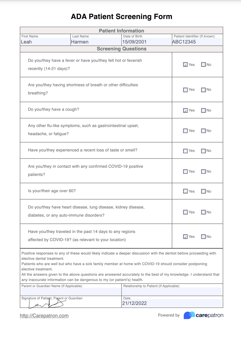 ADA Patient Screening Form Example (Sample)