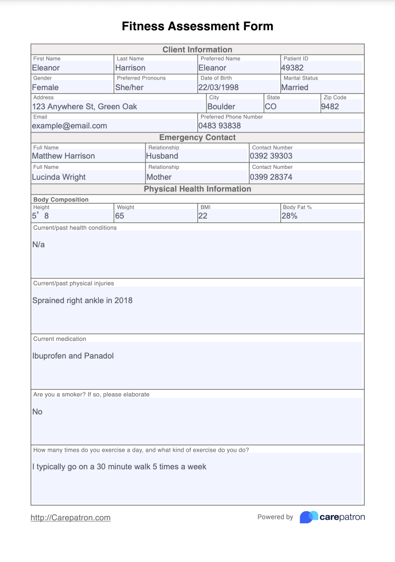 Fitness Assessment Form Example (Sample)