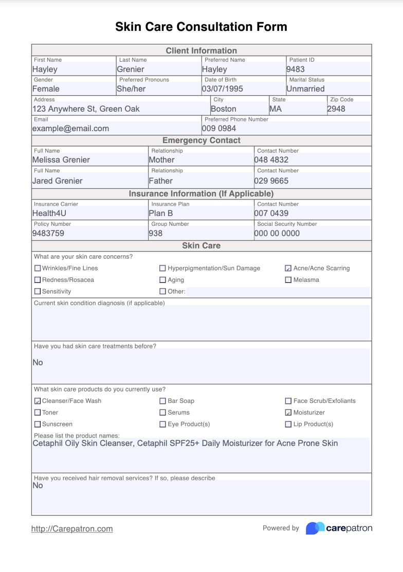 Skin Care Consultation Form Example (Sample)