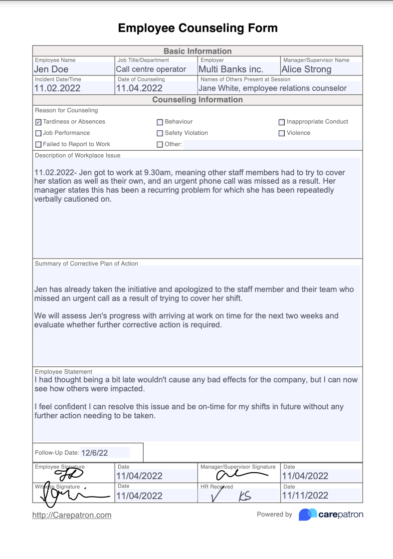 Employee Counseling Form Example (Sample)