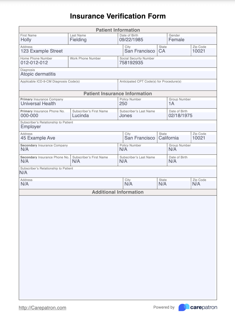 Insurance Verification Form Example (Sample)