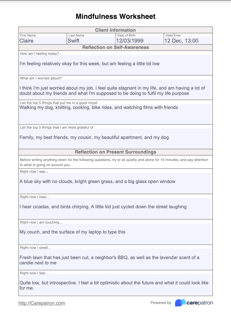 Mindfulness Worksheet Example (Sample)