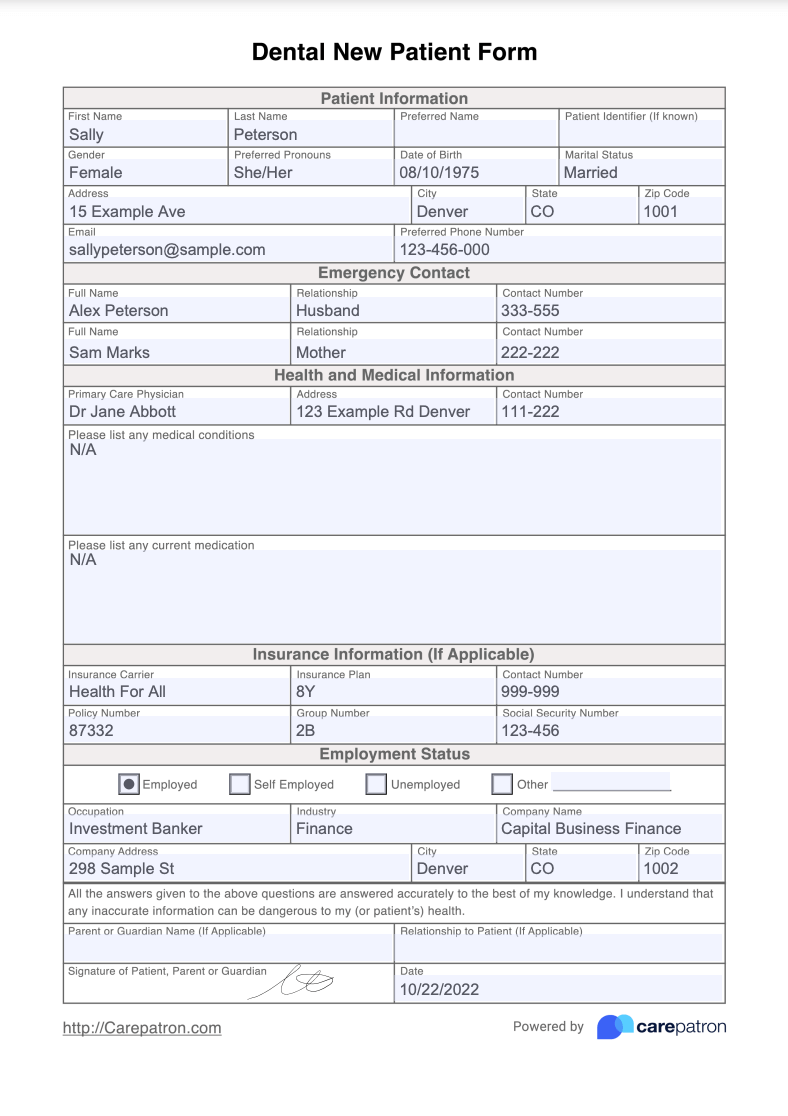 Dental New Patient Form Example (Sample)