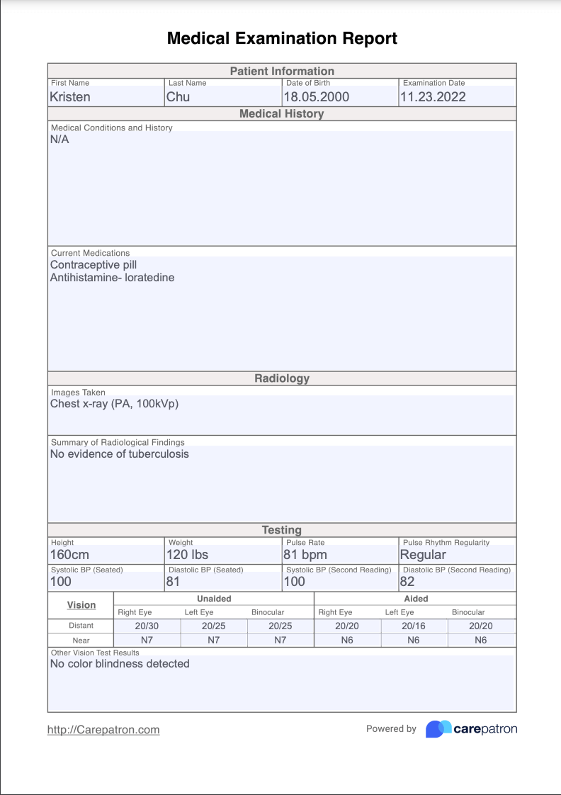Medical Examination Report Example (Sample)