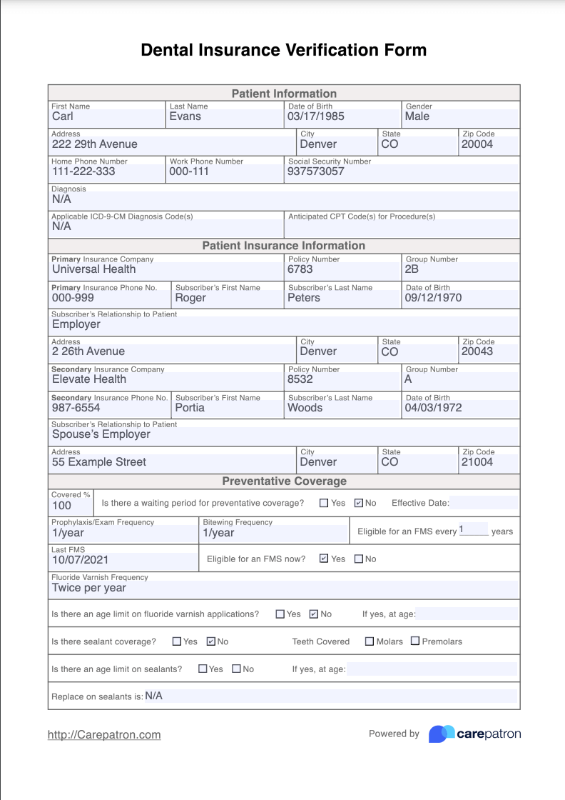 Dental Insurance Verification Form Example (Sample)
