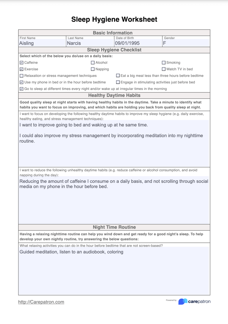 Sleep Hygiene Worksheet Example (Sample)
