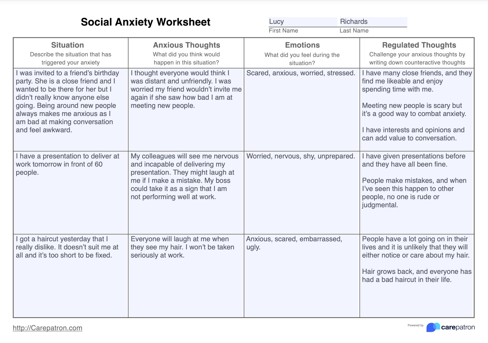 Social Anxiety Worksheet Example (Sample)