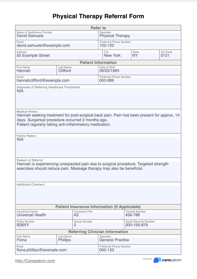 Physical Therapy Referral Form Example (Sample)