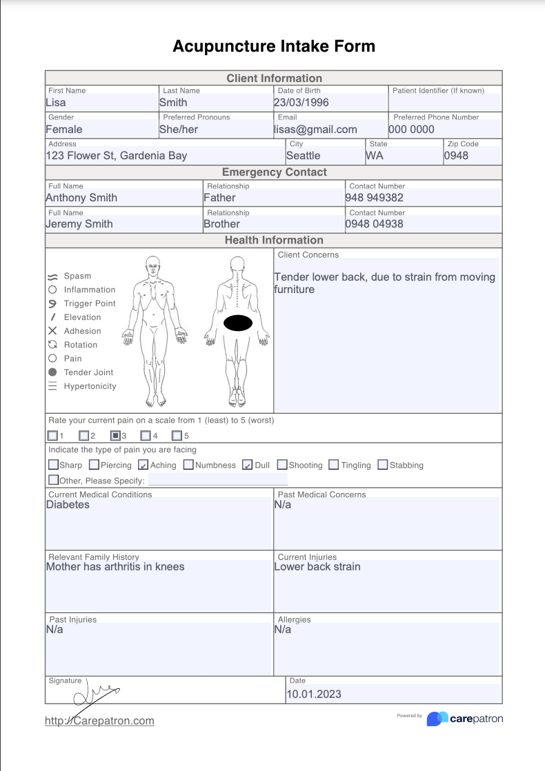 Acupuncture Intake Form Example (Sample)