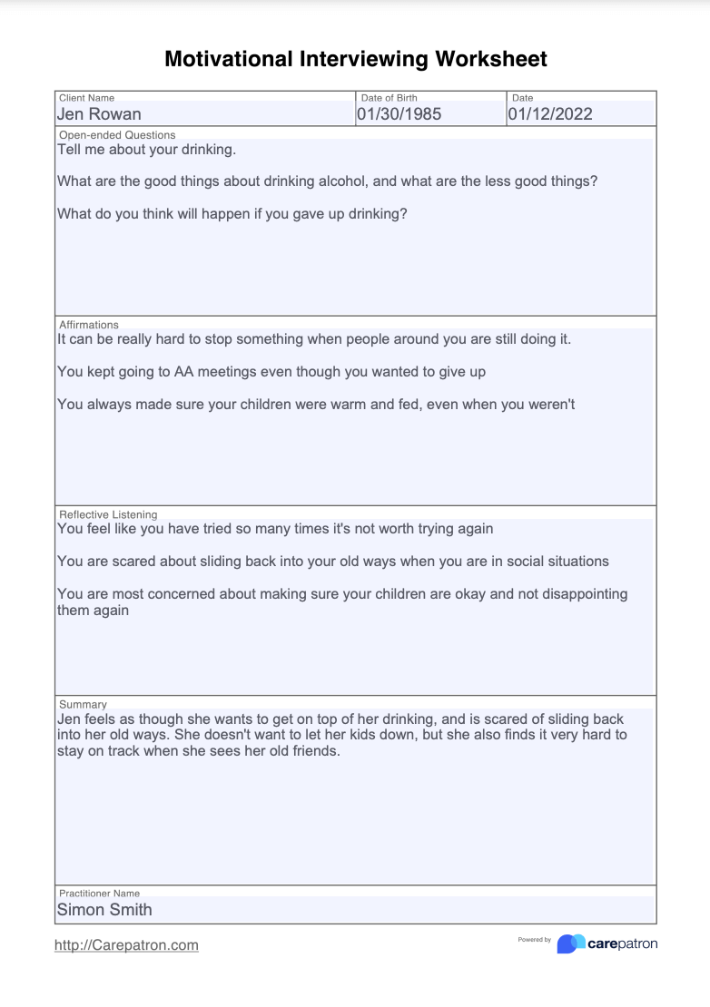 Motivational Interviewing Worksheet Example (Sample)