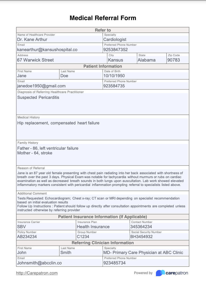 Medical Referral Form Example (Sample)