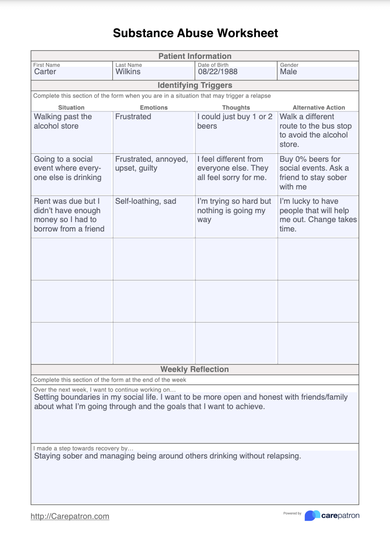 Substance Abuse Worksheet Example (Sample)