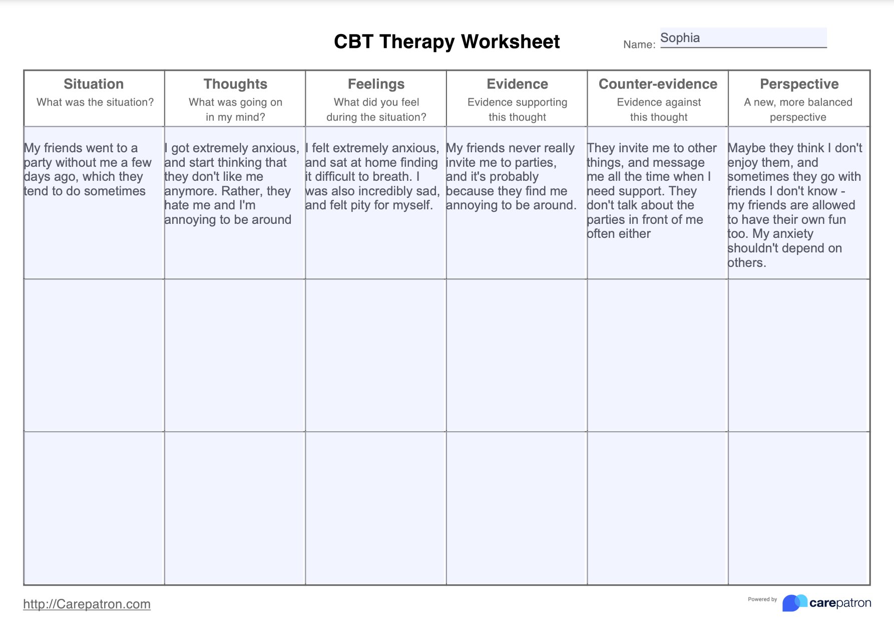 CBT Therapy Worksheet Example (Sample)