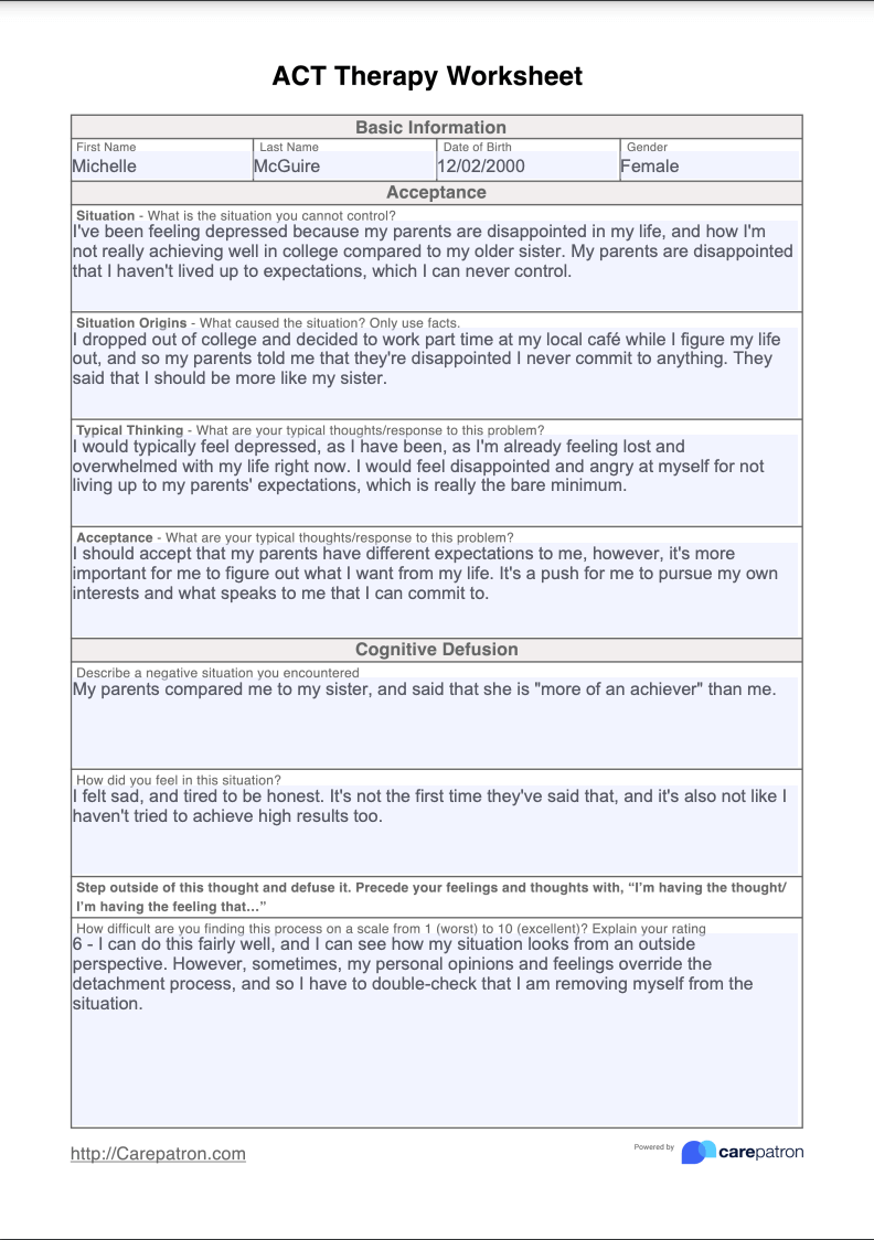 ACT Therapy Worksheet Example (Sample)
