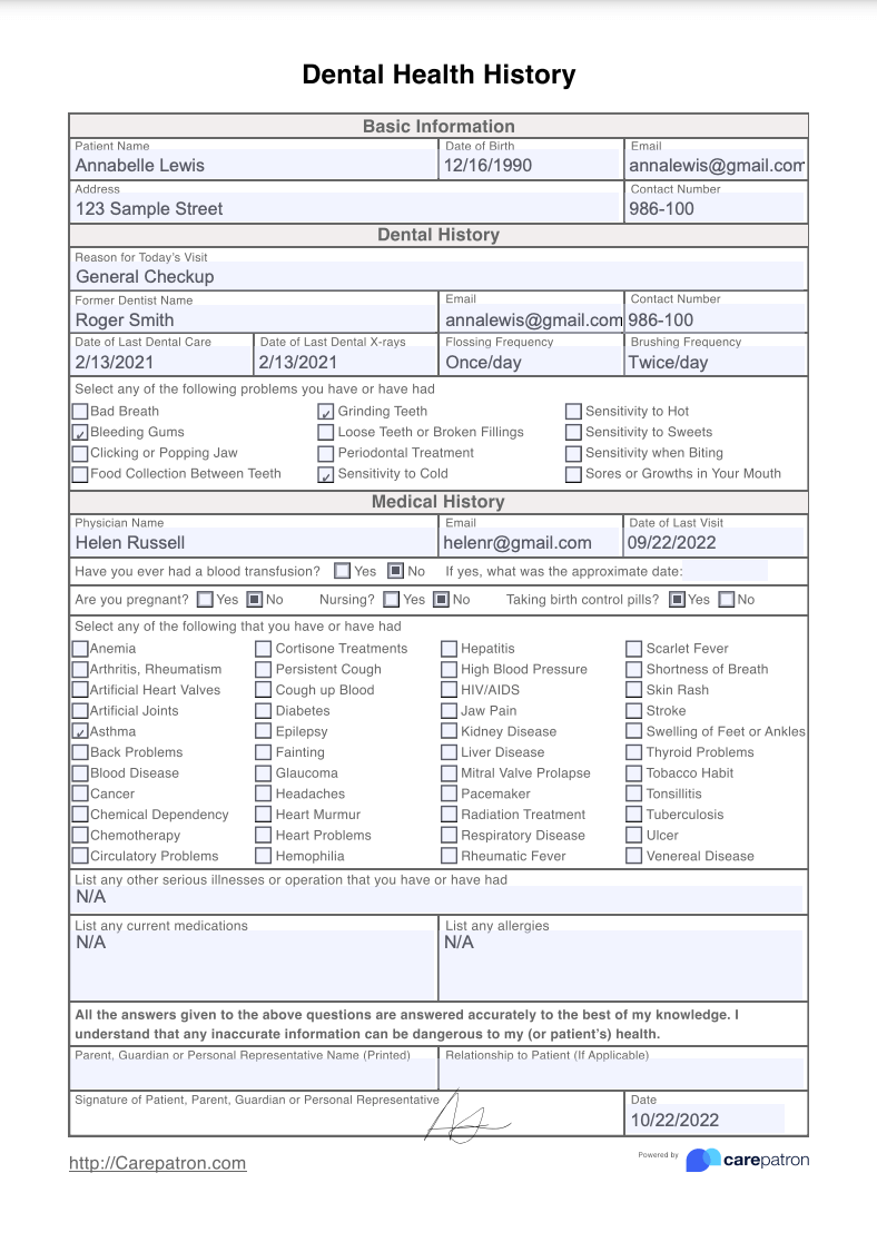 Dental Health History Example (Sample)