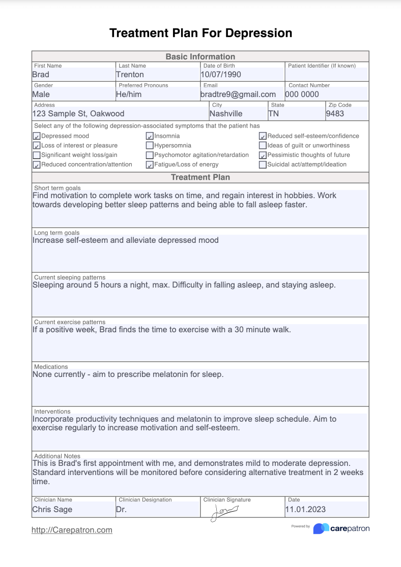 Treatment Plan For Depression Example (Sample)