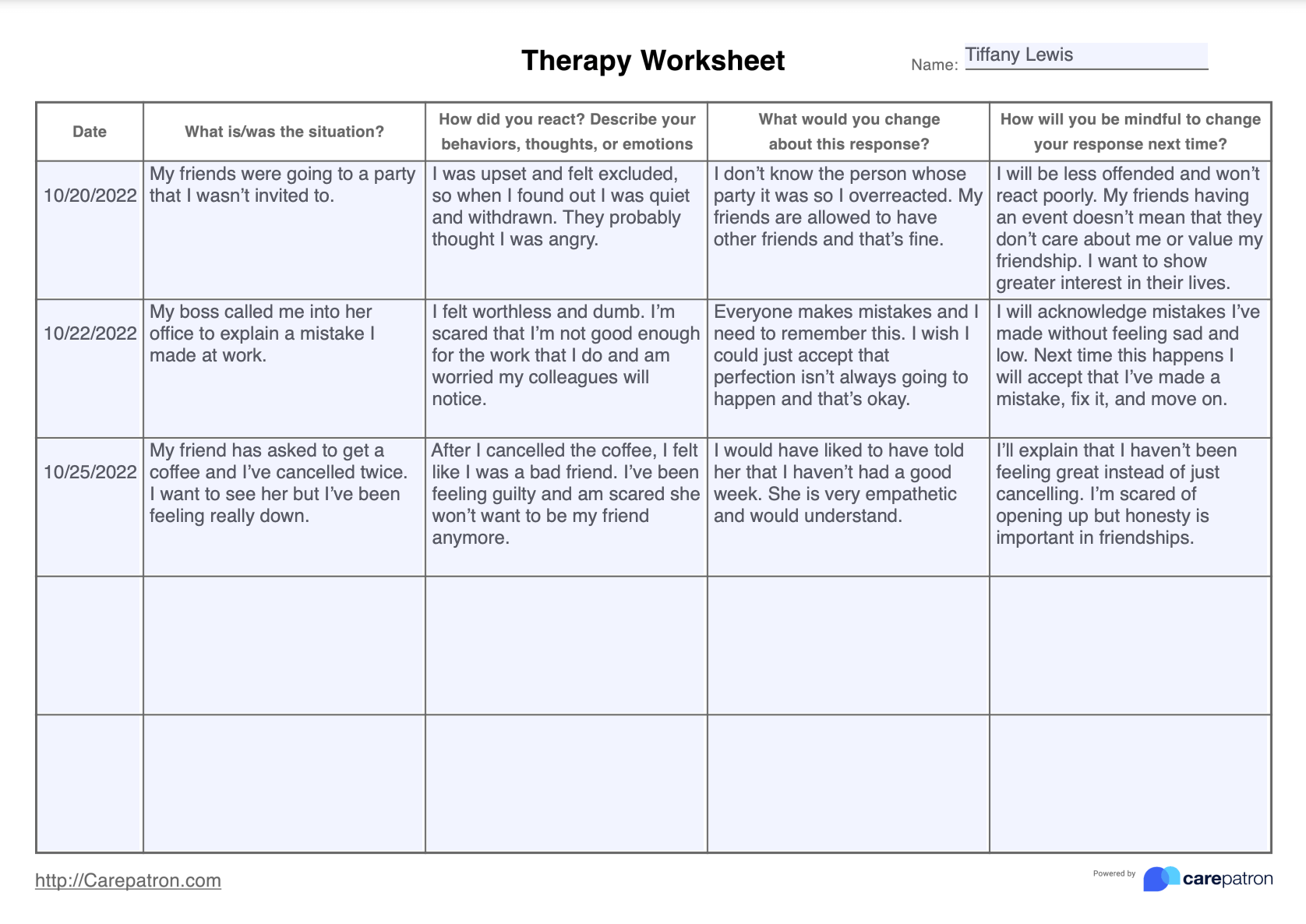 Therapy Worksheet Example (Sample)