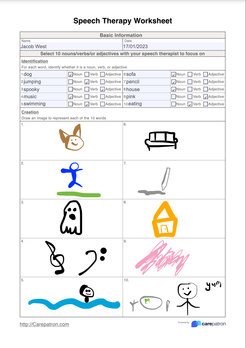 Speech Therapy Worksheet Example (Sample)