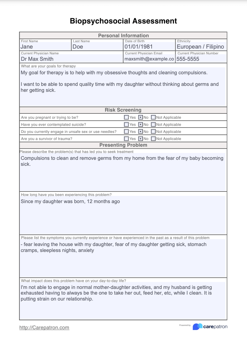 Biopsychosocial Assessment Example (Sample)