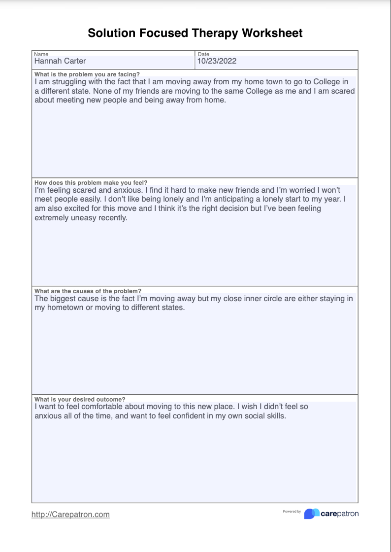 Solution Focused Therapy Worksheet Example (Sample)