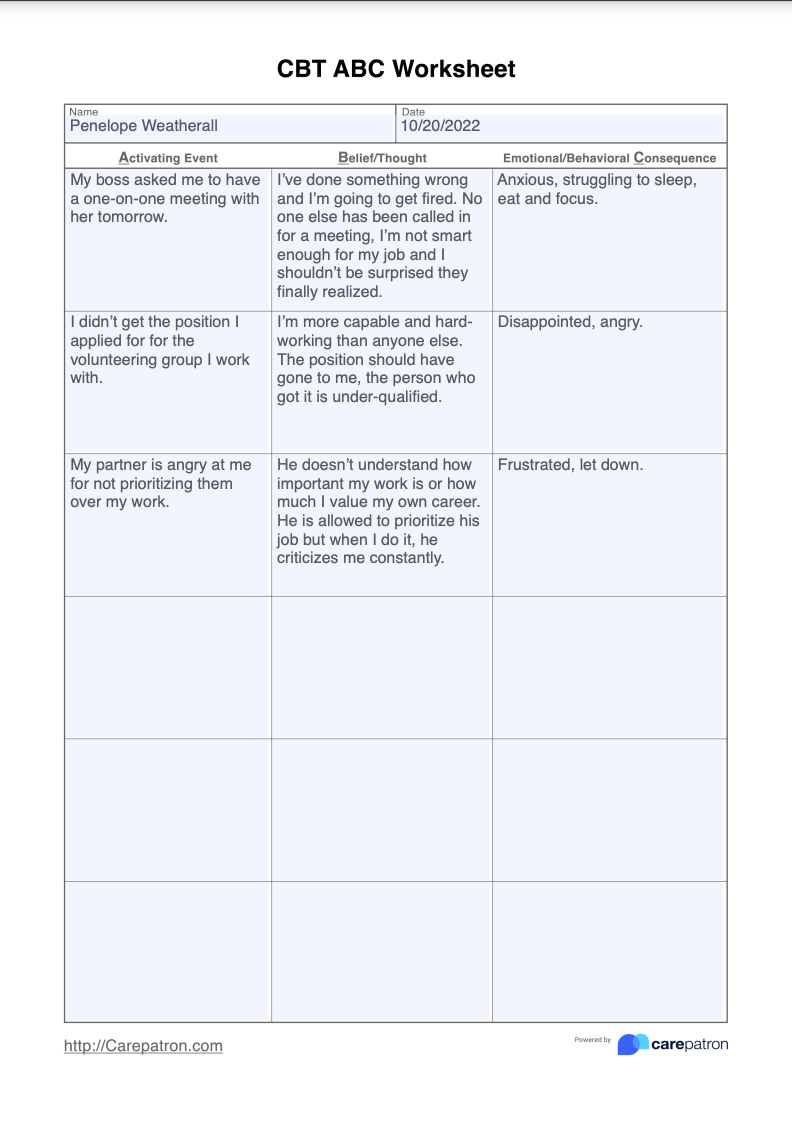 CBT ABC Worksheet Example (Sample)