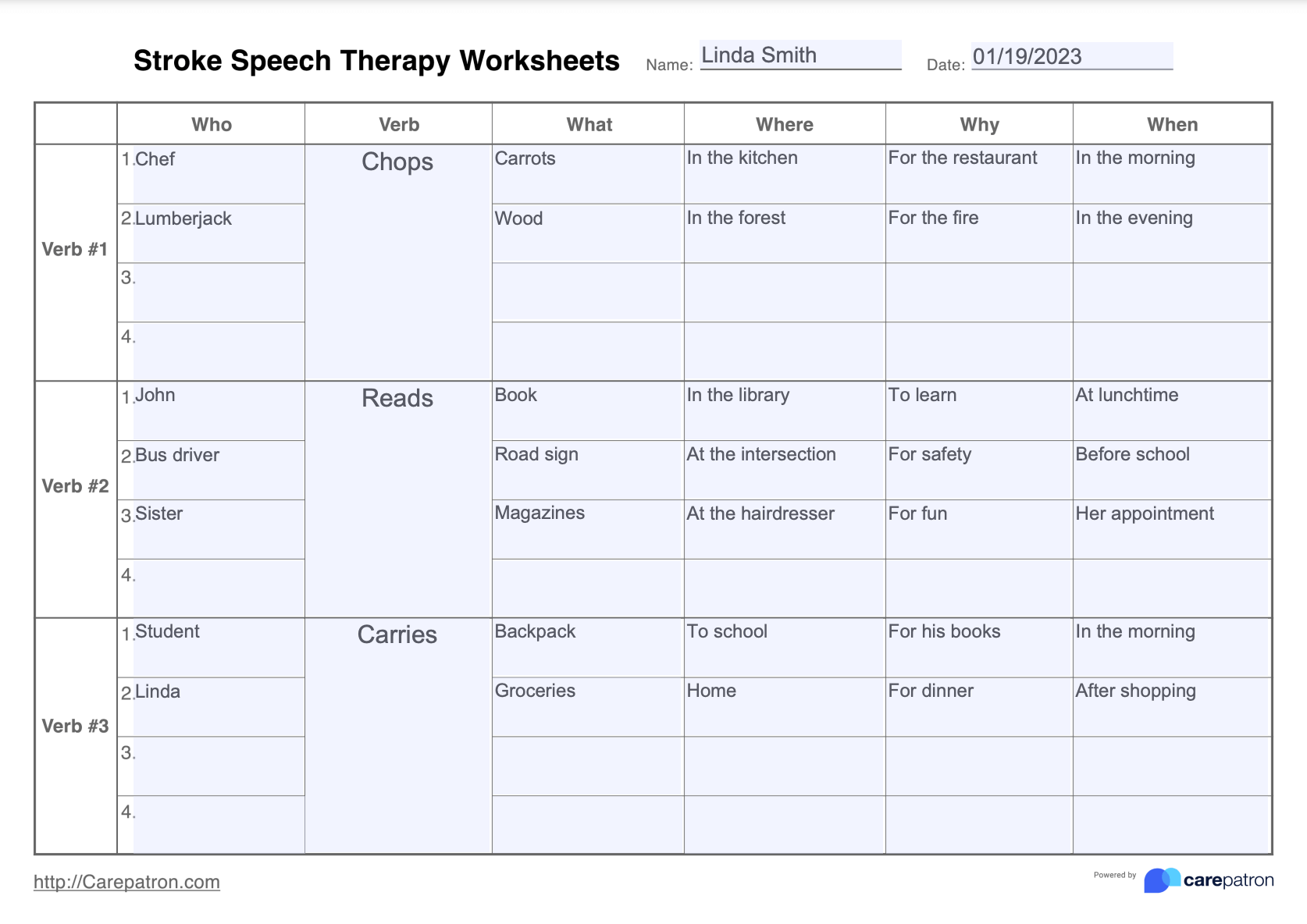 Stroke Speech Therapy Worksheet Example (Sample)