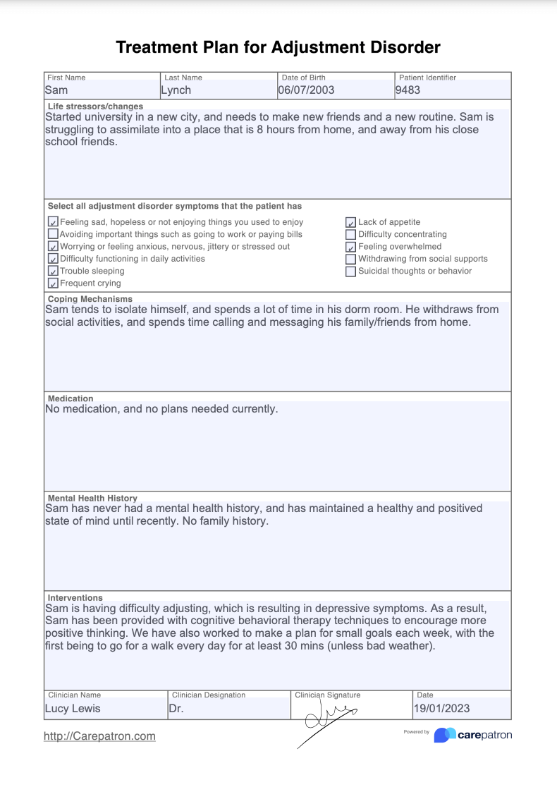 Treatment Plan For Adjustment Disorder Treatment Example (Sample)