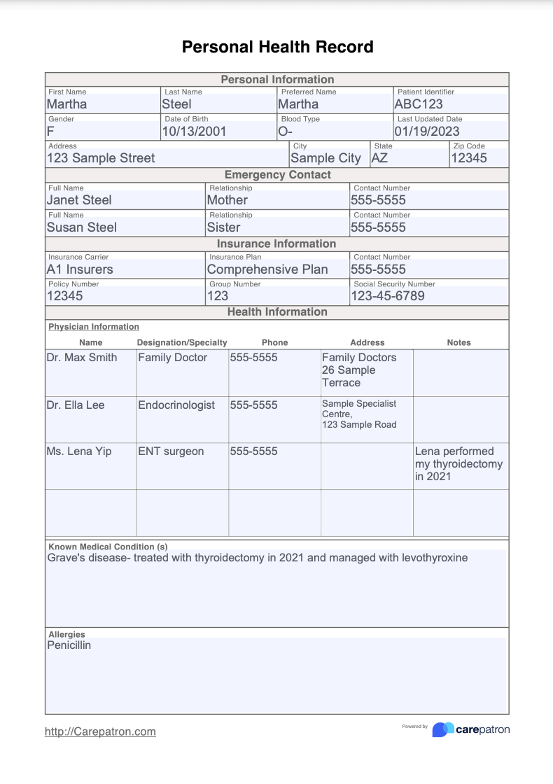 Personal Health Record Example (Sample)