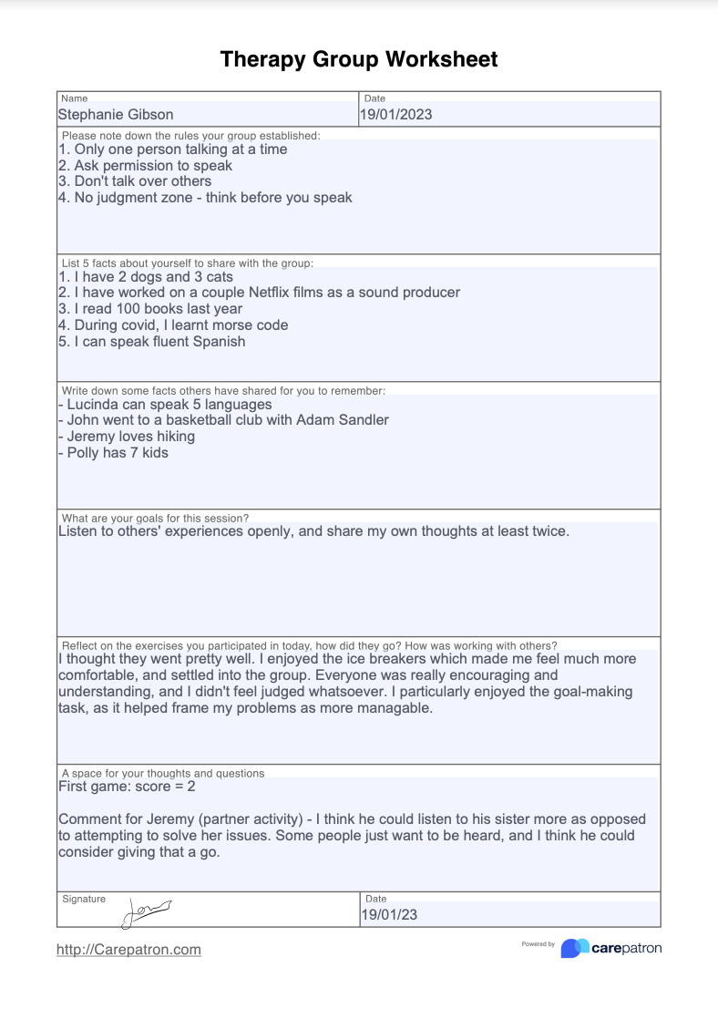 Therapy Group Worksheet Example (Sample)