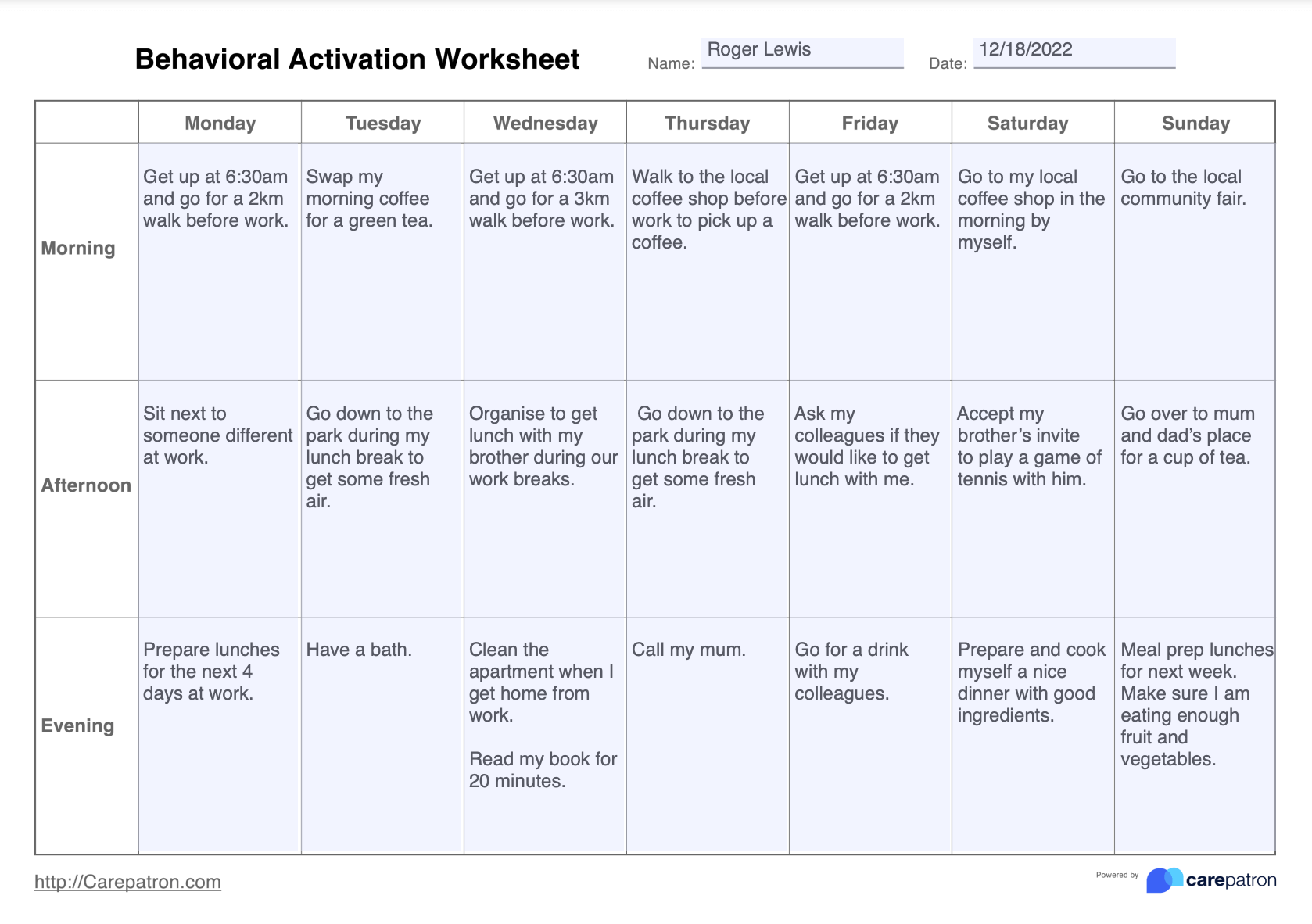 Behavioral Activation Worksheet Example (Sample)