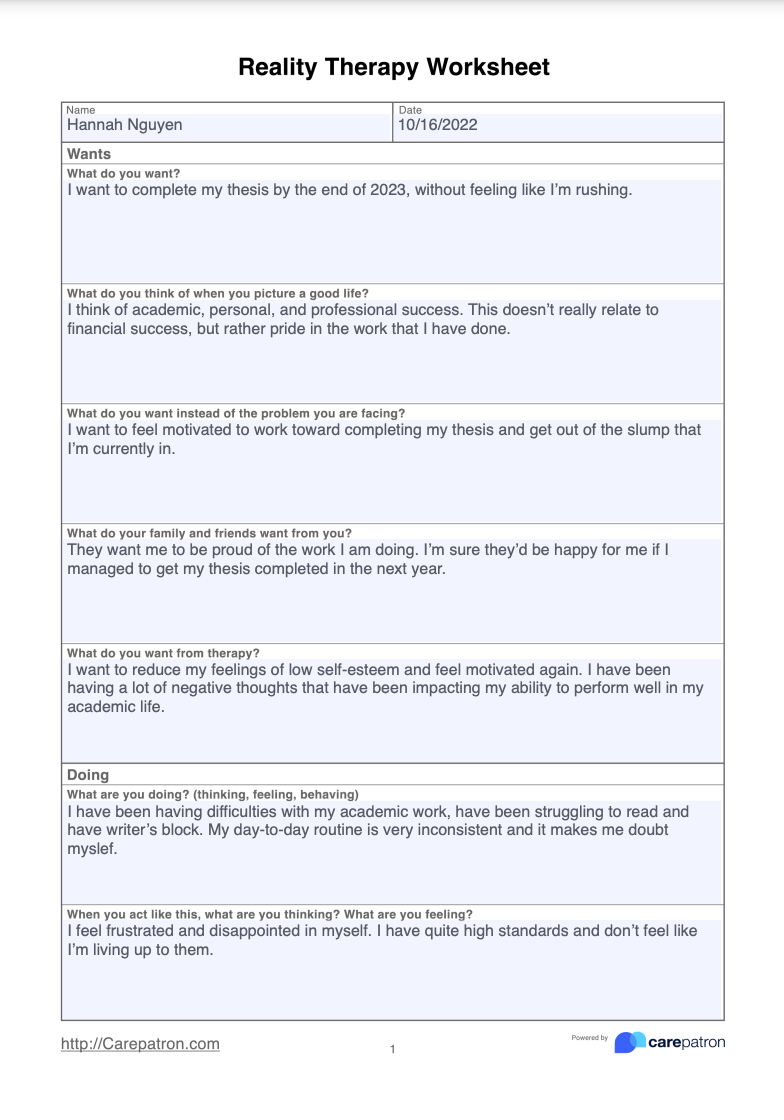 Reality Therapy Worksheet Example (Sample)