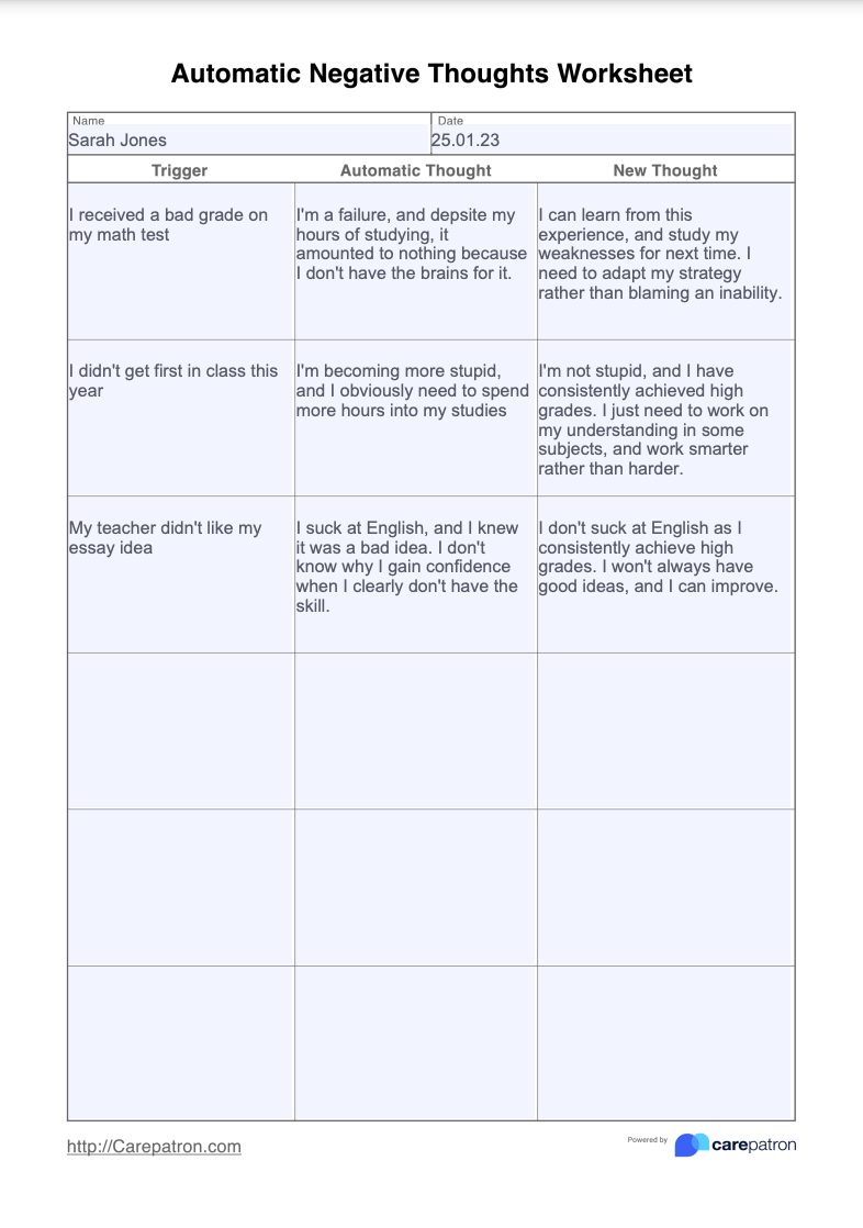 Automatic Negative Thoughts Worksheet Example (Sample)
