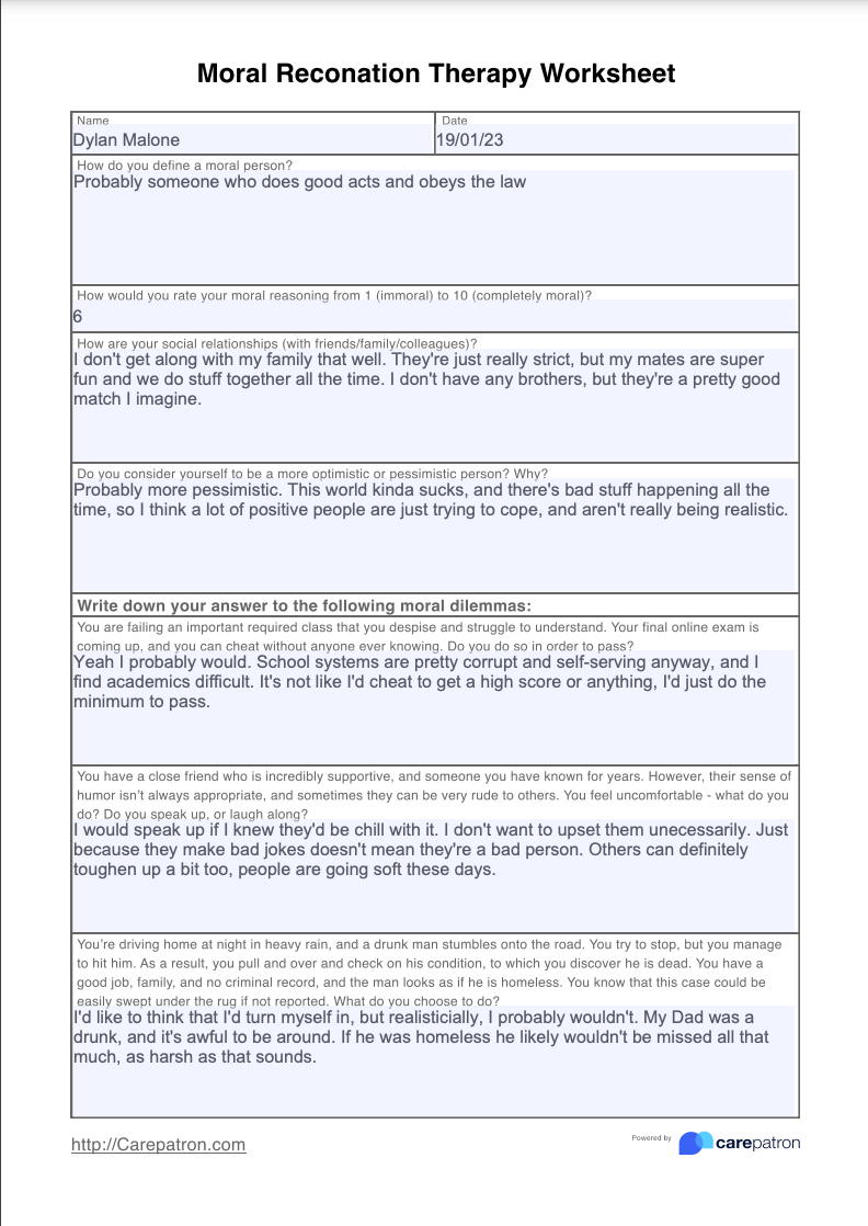 Moral Reconation Worksheet Example (Sample)
