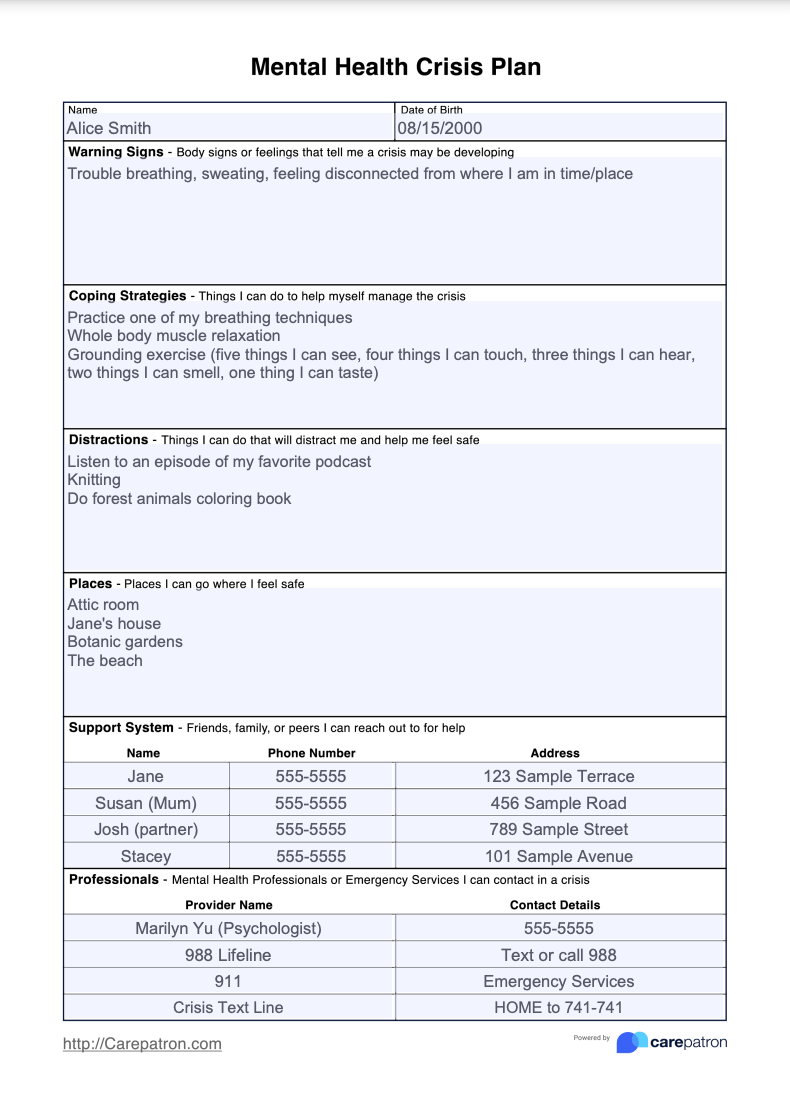 Mental Health Crisis Plan Example (Sample)