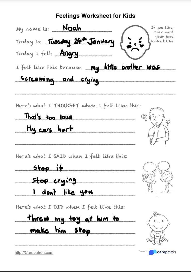Feelings Worksheet For Kids Example (Sample)