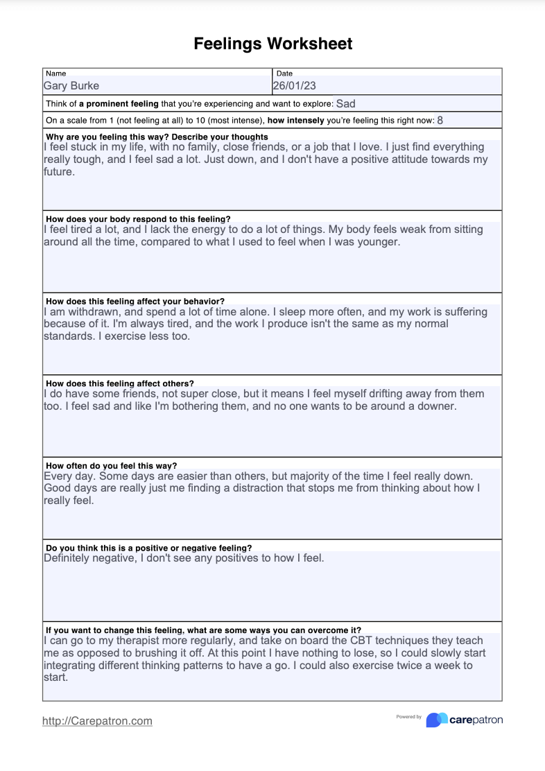Feelings Worksheet Example (Sample)